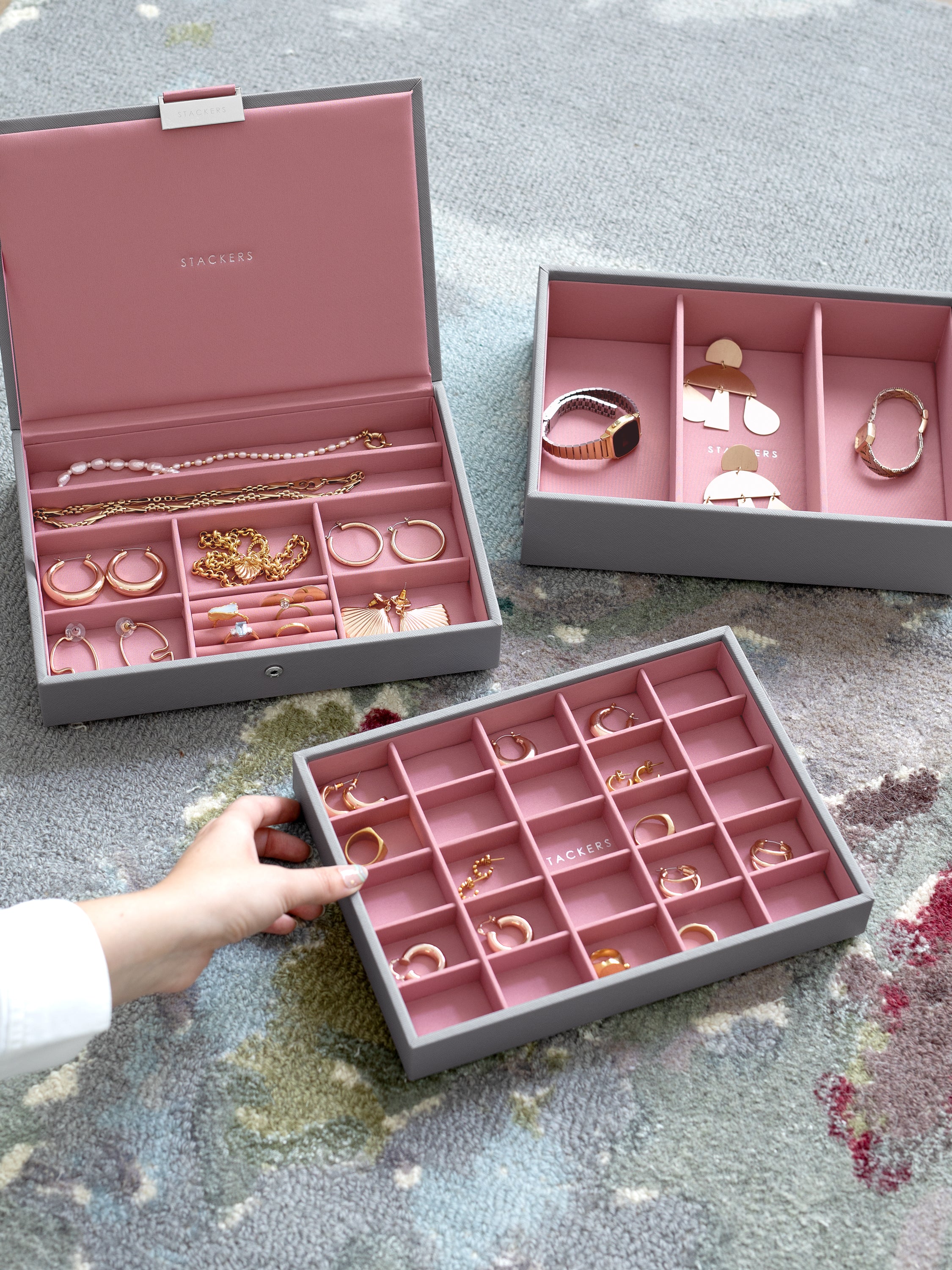 Stackers Classic Boîte à Bijoux Lot de 3 Gris et Rose