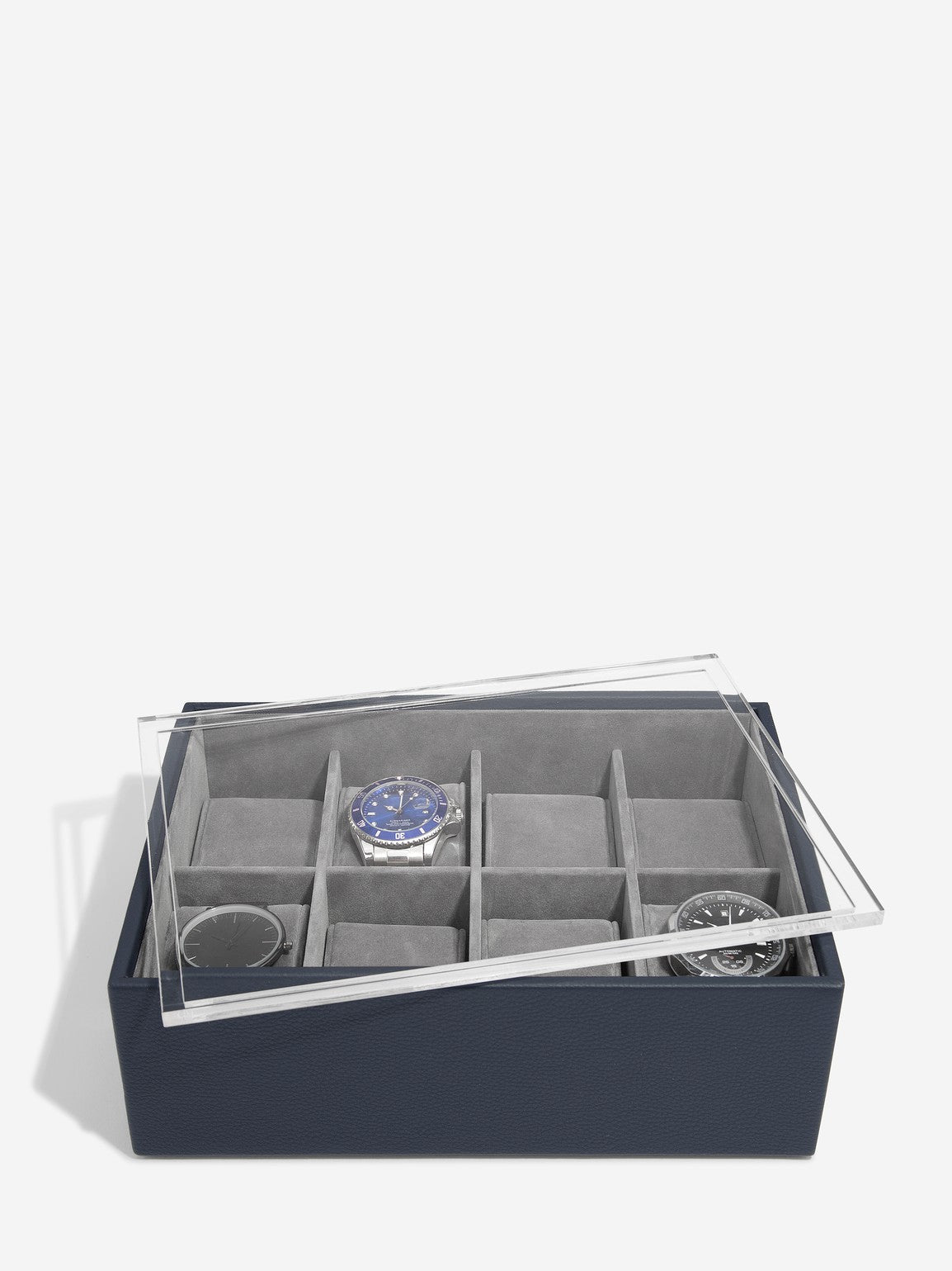Stackers Achtdelige Horlogebox met doorzichtig deksel Marineblauw - Mystackers