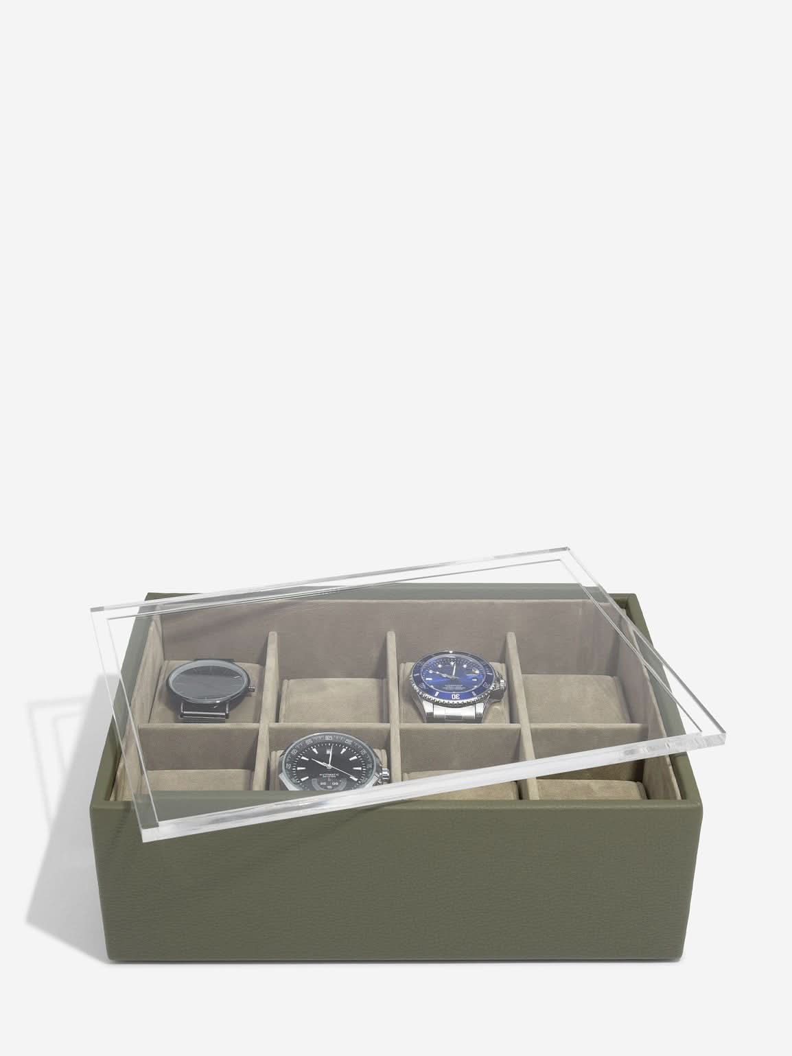 Stackers Achtdelige Horlogebox met doorzichtig deksel Olijfgroen - Mystackers