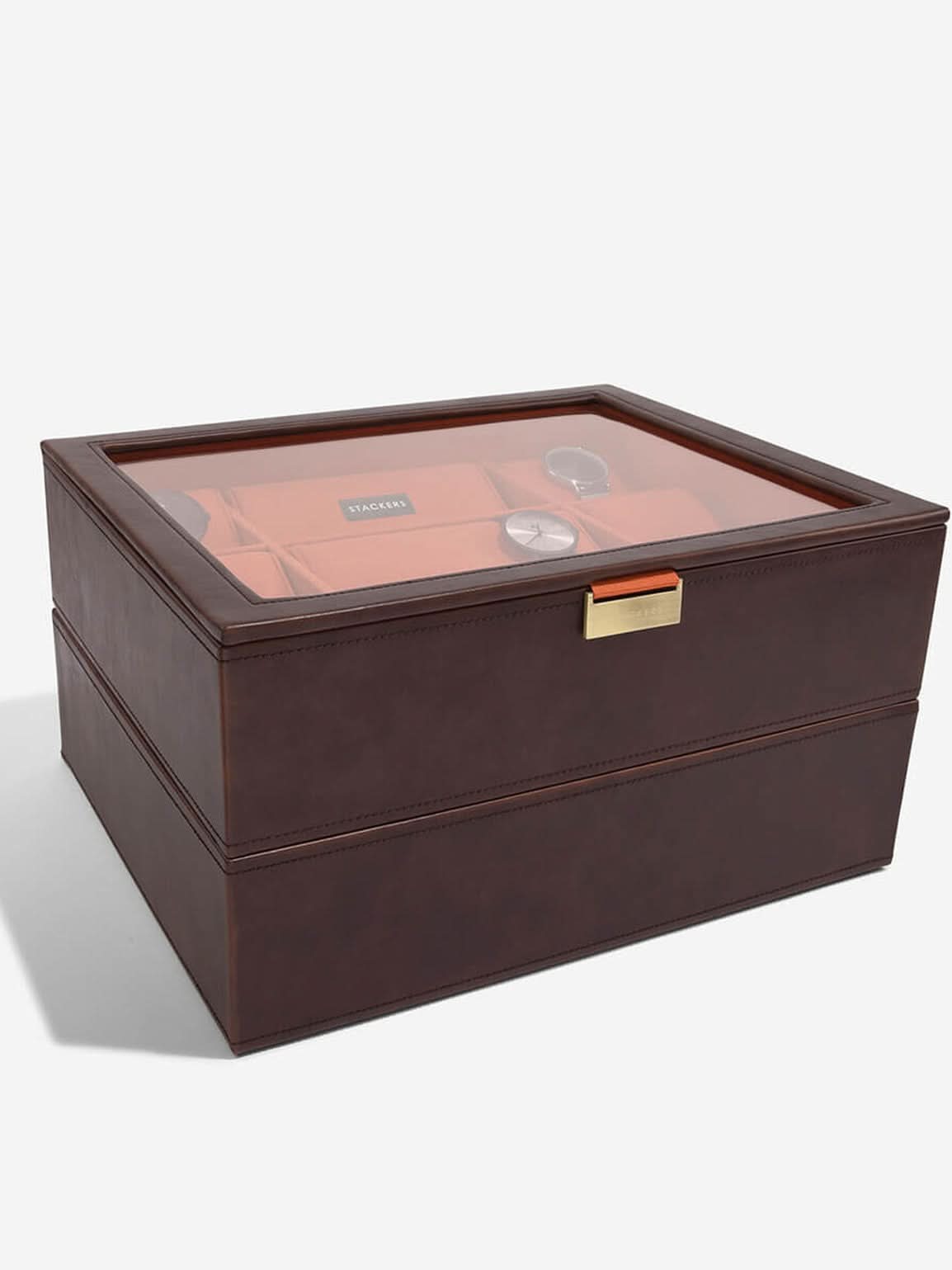 Stackers Vijftiendelige Horlogebox Bruin & Oranje Deksel + Horlogelaag - Mystackers