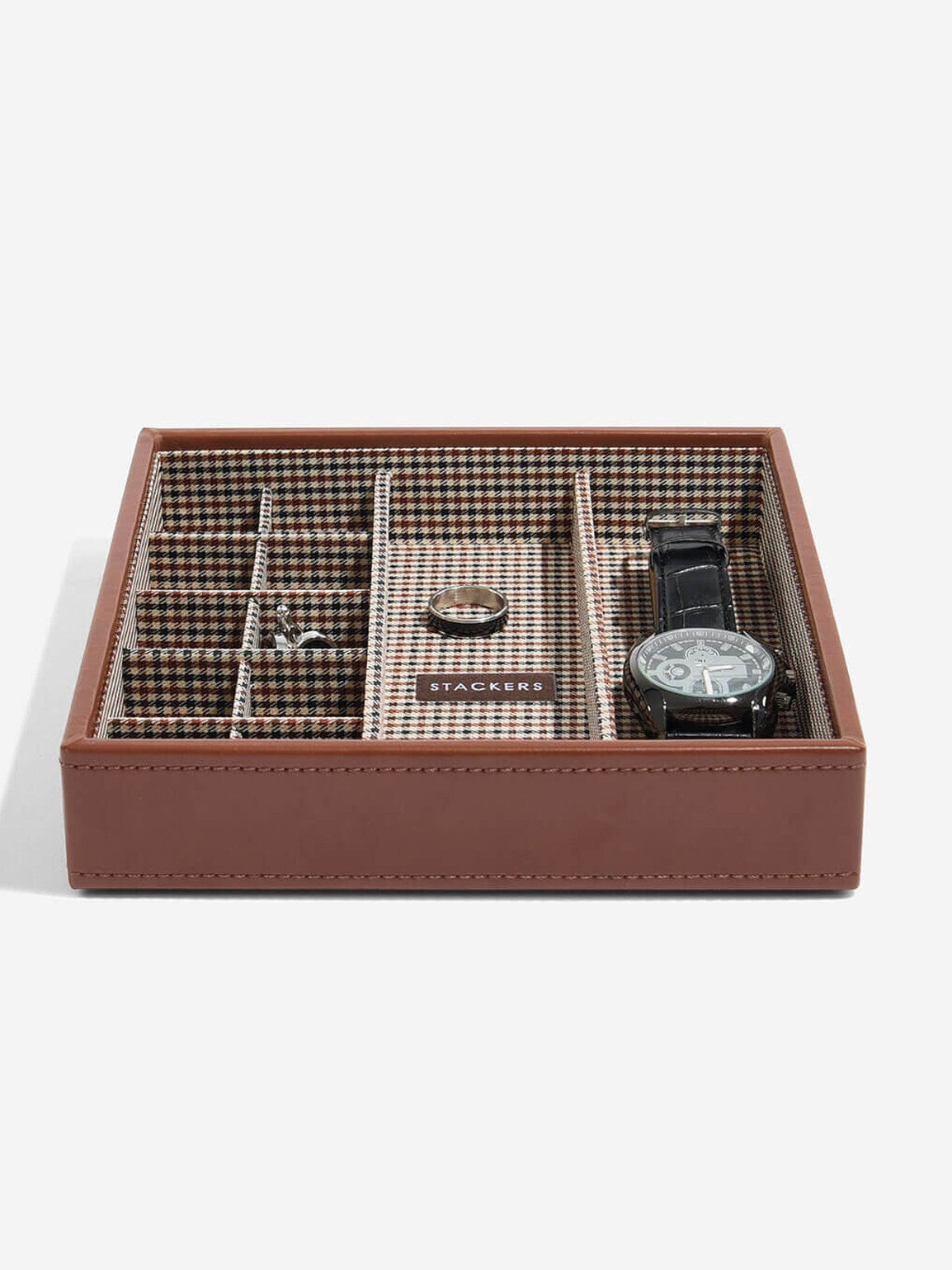 Stackers Boîte à montres et boutons de manchette Marron à carreaux