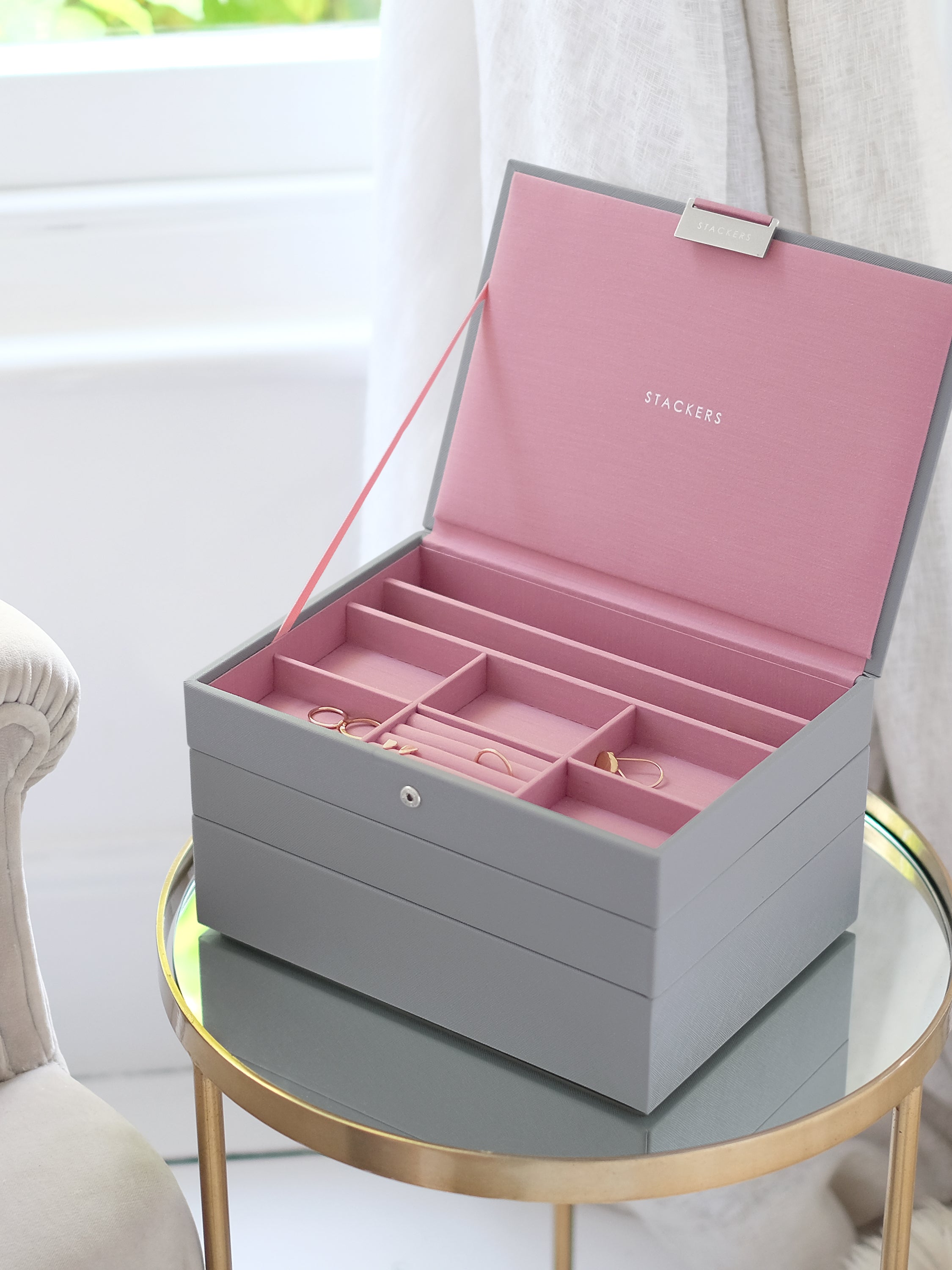 Stackers Classic Boîte à Bijoux Lot de 3 Gris et Rose
